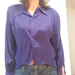Vintage 80s Blue Rayon High Low button down collared disco club Blouse
